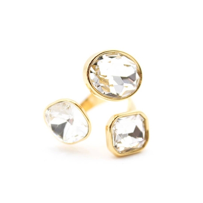 Bague femme réglable acier inoxydable dorée et cristal