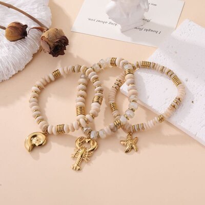 Bracelet breloque homard style haute fantaisie lot de 3 beige et blanc