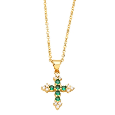 Collier croix  plaqué Or vert et Cristal
