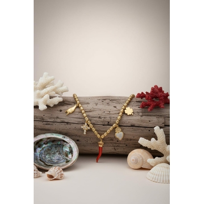Collier pendentif vermeil Corail véritable & breloques dorées