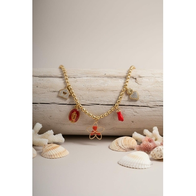 Collier pendentif vermeil avec corail rouge véritable et breloques