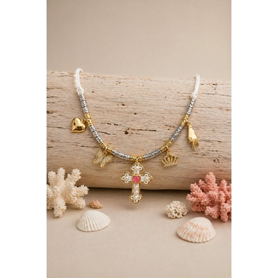 Collier femme croix  & breloques dorées