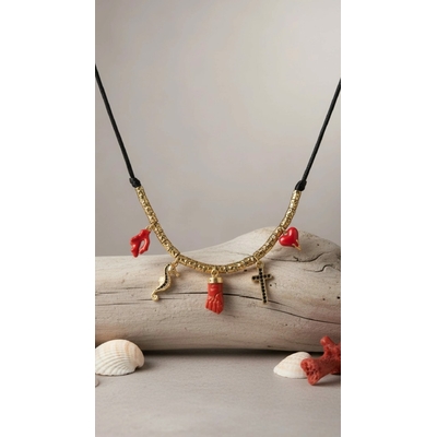 Collier main en corail rouge & croix Corse