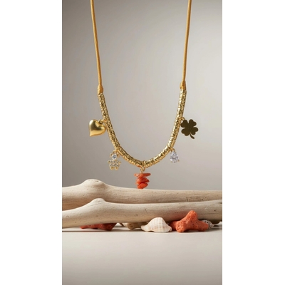Collier coeur & trèfle et corail véritable