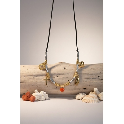 Collier femme Doré et Argenté Charms et Corail Rouge
