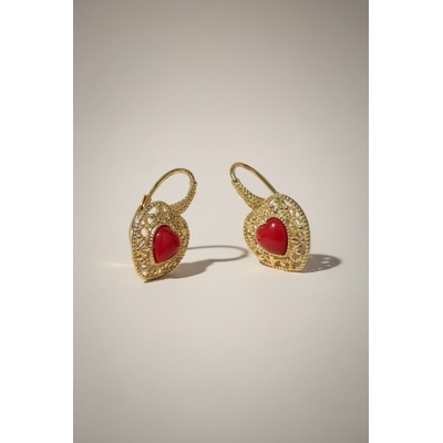 Boucles d oreilles argent 925 doré a l'or fin & Coeur Corail