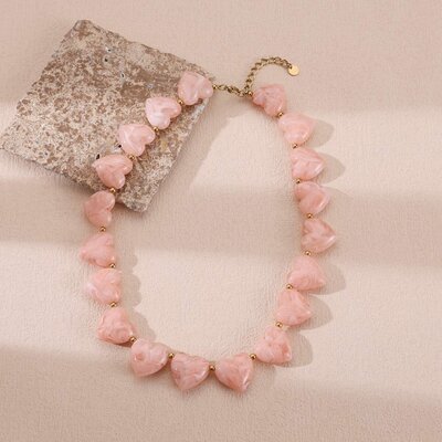 Collier cœur rose en résine et acier inoxydable