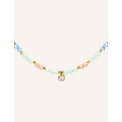 Collier ras de cou orné de pierres cristaux & perles rose bleu blanc