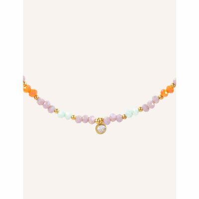Collier ras de cou orné de pierres cristaux & perles rose orange blanc