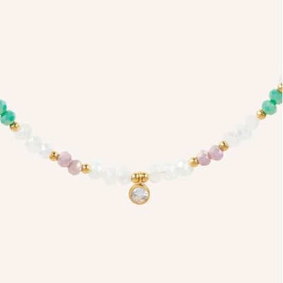 Collier ras de cou orné de pierres cristaux & perles rose turquoise blanc