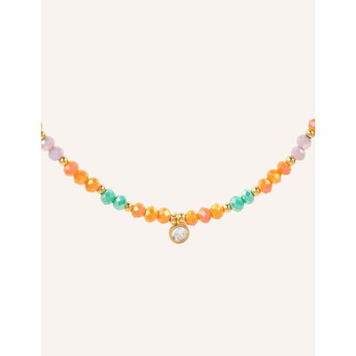 Collier ras de cou orné de pierres cristaux & perles jaune turquoise rose