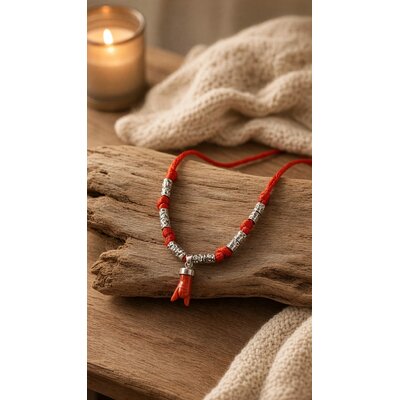 Collier corail corse pendentif argent 925 et breloque rouge