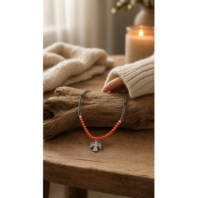 Bracelet cordon noir pailleté argent 925 corail véritable oiseau