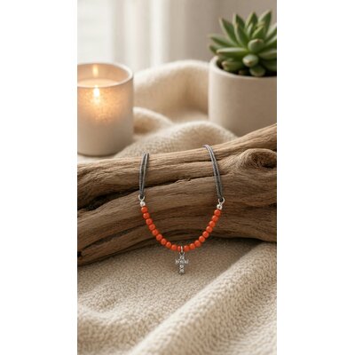Bracelet cordon noir pailleté argent 925 corail véritable croix