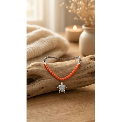 Bracelet cordon noir pailleté argent 925 corail véritable tortue