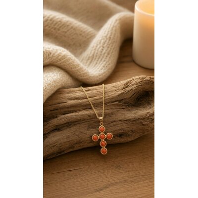 Collier pendentif argent 925 doré à l'or fin 18k et corail chaine acier