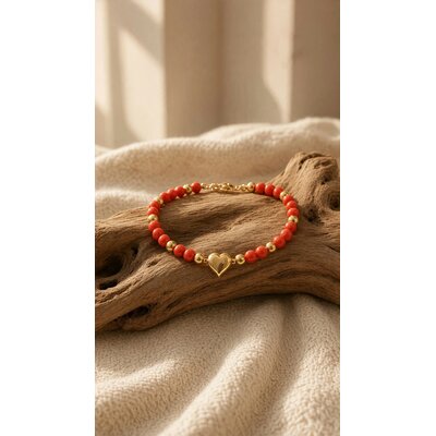 Bracelet argent 925 Coeur doré à l'or fin 18k et corail rouge