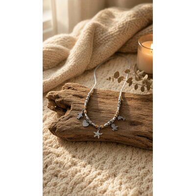Collier cordon gris à étoile de mer et breloques argentées