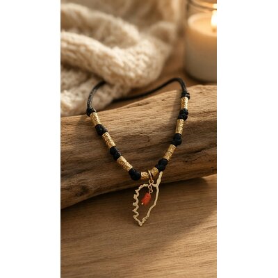 Collier Corse doré avec pendentif corail véritable sur cordon noir