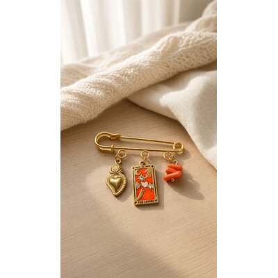 Broche acier inoxydable tarot des amoureux et corail véritable de Corse