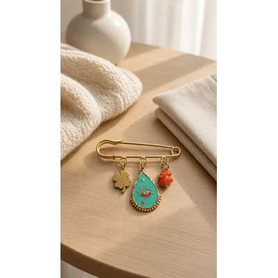 Broche porte-bonheur corse en acier inoxydable œil turquoise et corail véritable