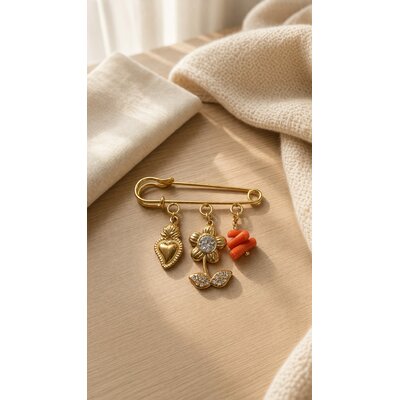 Broche fleur et cœur sacré en acier inoxydable et corail véritable, bijou corse