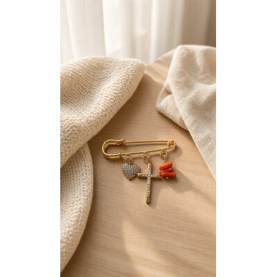 Broche croix et cœur et corail véritable, bijou corse
