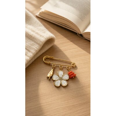 Broche fleur blanche et corail véritable bijou corse