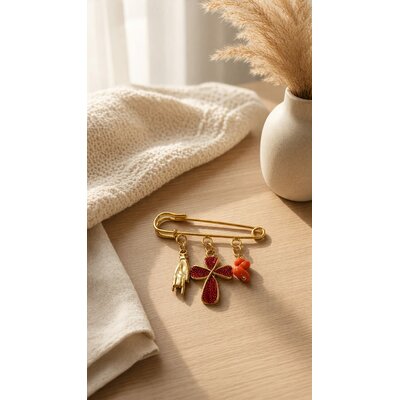 Broche croix rouge et corail véritable - bijou corse