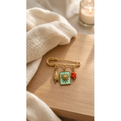 Broche cœur solaire turquoise et corail véritable - bijou corse
