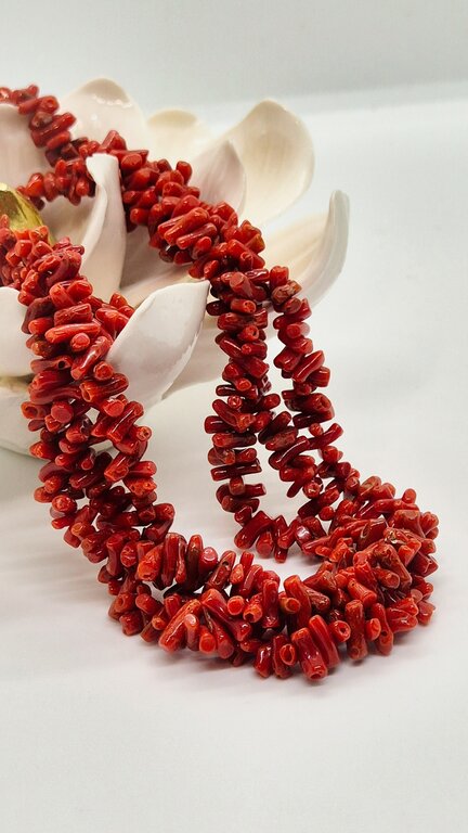 Collier 3 Rangs En Corail Naturel Orange - 280 Carats - Fermoir Camée - Neuf Avec étiquettes