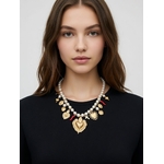 Collier fantaisie femme coeur doré et boules blanches