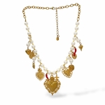 Collier fantaisie femme coeur doré et boules blanches et rouge