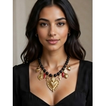 Collier fantaisie femme coeur doré et boules noires