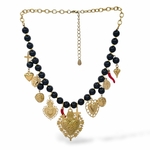 Collier fantaisie femme coeur doré et boules noires et rouges