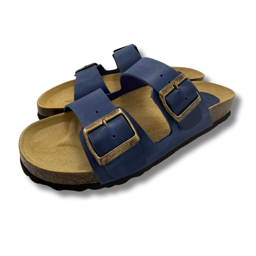 Sandale femme en cuir bleu et liège à deux brides ajustables