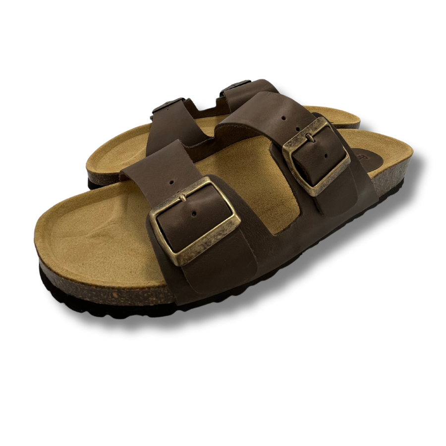 Sandale femme en cuir marron et liège à deux brides ajustables
