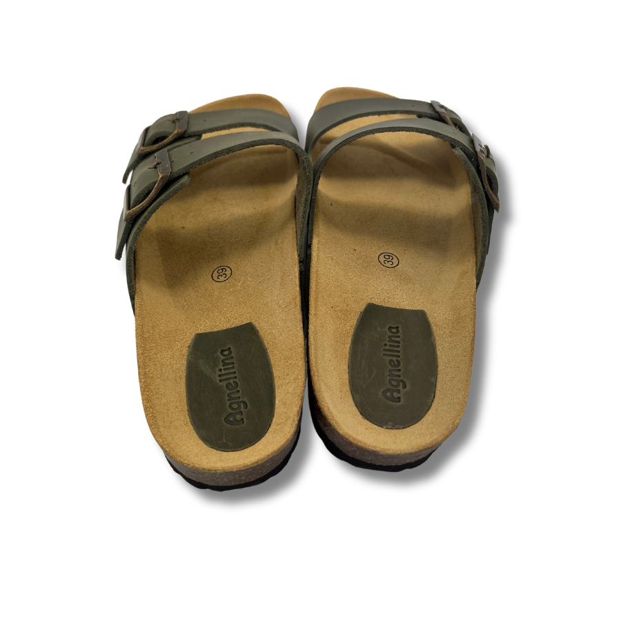 Sandales Agnellina en cuir vert kaki et liège, fabriquées au Portugal