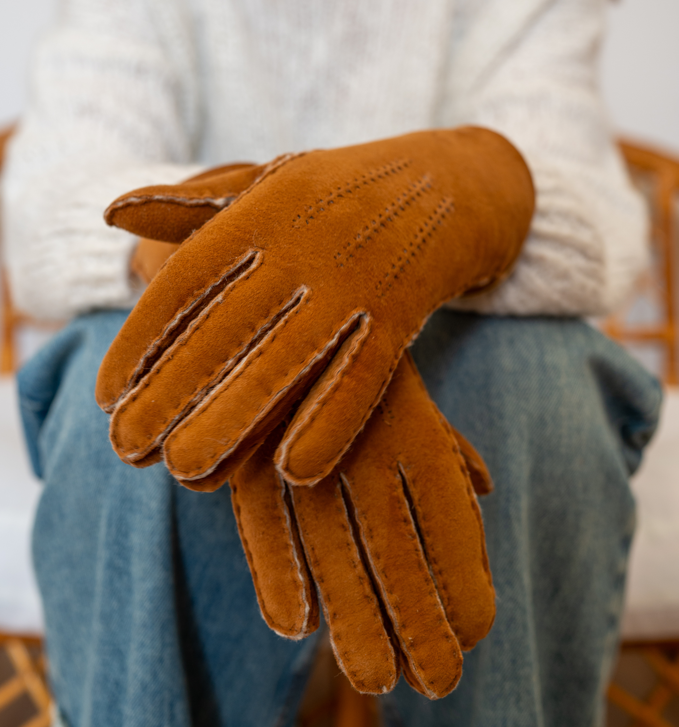 Gants Mitaines Femme En Cuir Véritable Peau De Mouton - Noeud Et Fourrure - Hiver Chaud