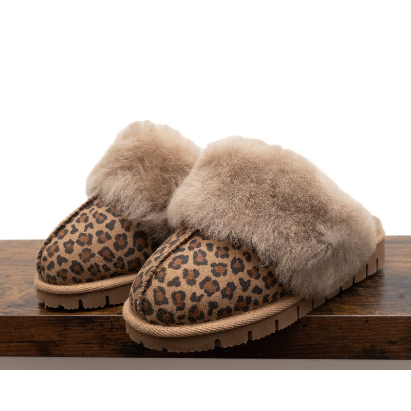Chaussons Mules en Peau de Mouton Leopard