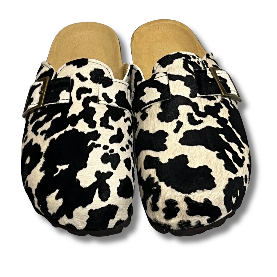 Sabots mules femme en cuir noir et liège