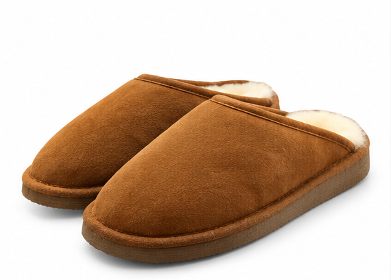 Mules en peau de mouton marron, femme et homme