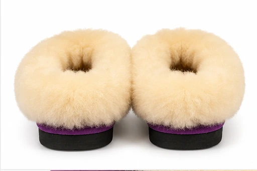 Chaussons fourrés violets vus de larrière, fourrure de laine épaisse