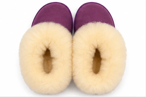 Chaussons fourrés en peau de mouton violet vus de dessus, intérieur en laine