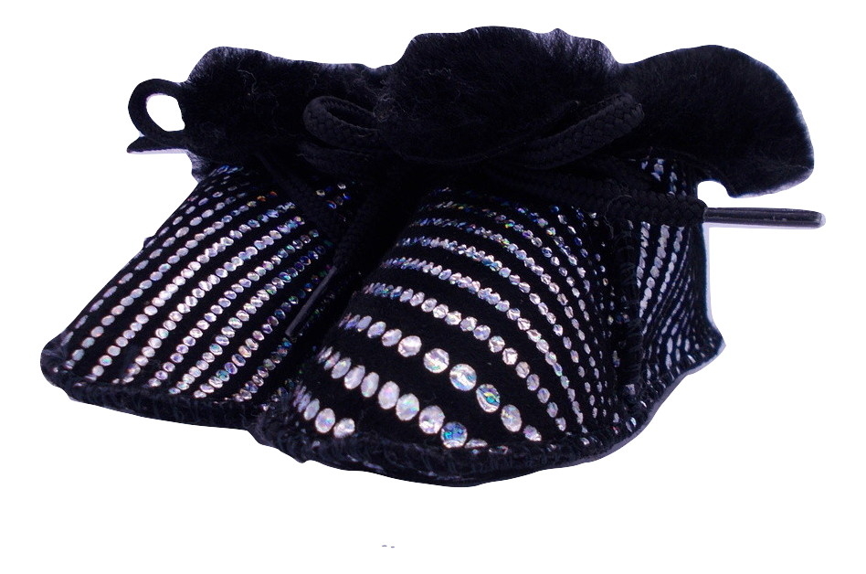 Chaussons bébé en peau de mouton noir à rayures de points argentés, col en laine noire et lacet noir