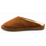 Mules en peau de mouton marron, femme et homme_gauche