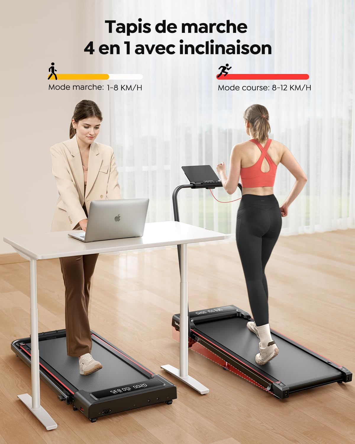 Tapis De Course Pliable 4 En 1 - Marche/course Jusqu'à 8 Km/h, Pente Manuelle 9%, Moteur 2.5 CV, Charge Max 140 Kg, écran LCD