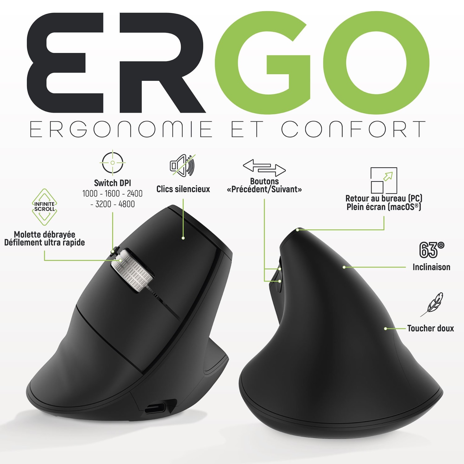 Souris verticale rechargeable bureau ERGO INFINITE Tnb silencieuse USB-C