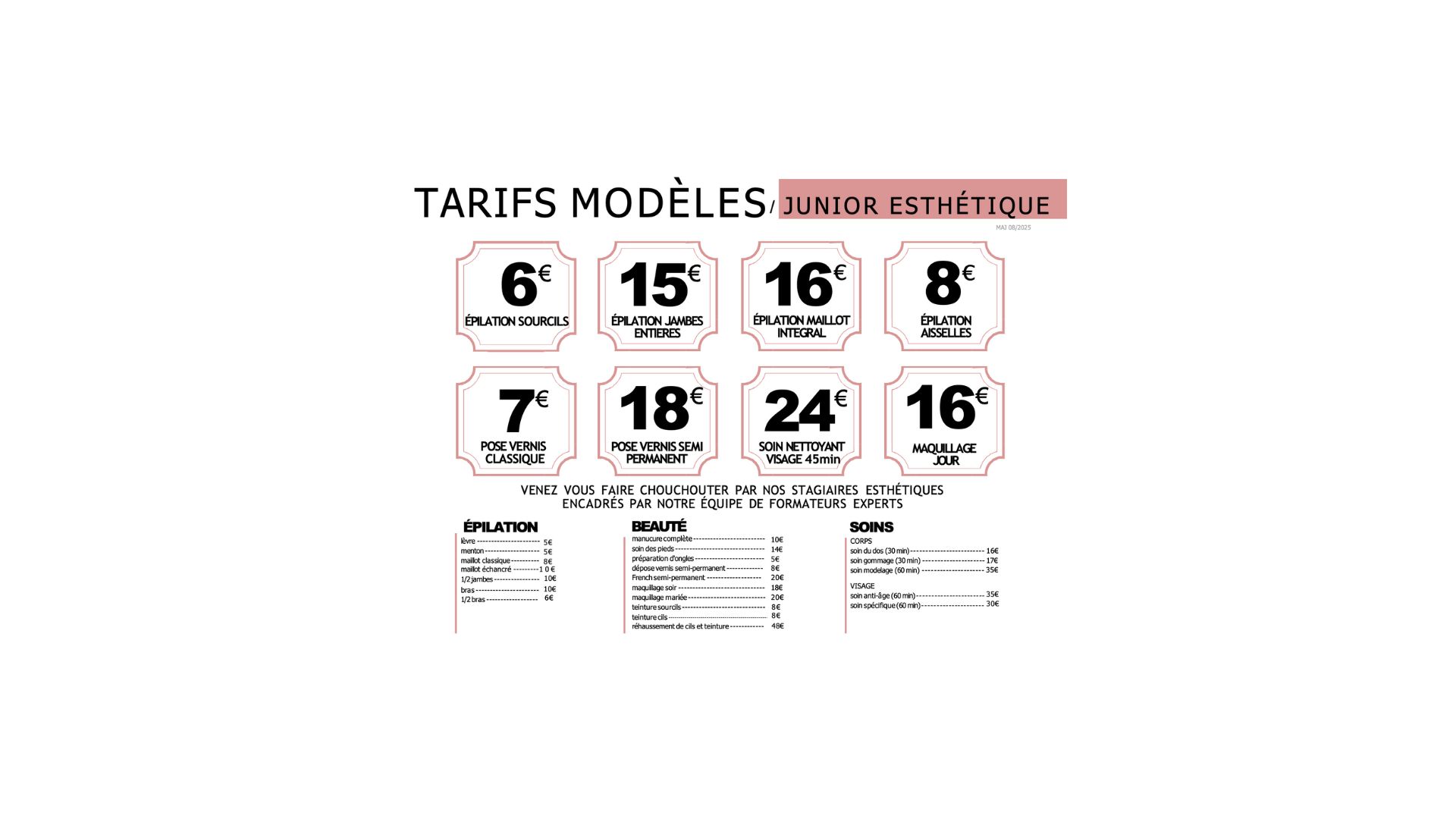 tarifs junior esthetique