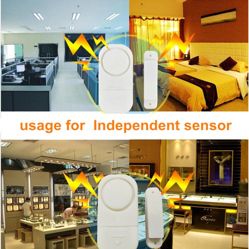 Standalone door and window alarm illustrated in a home, shop and office